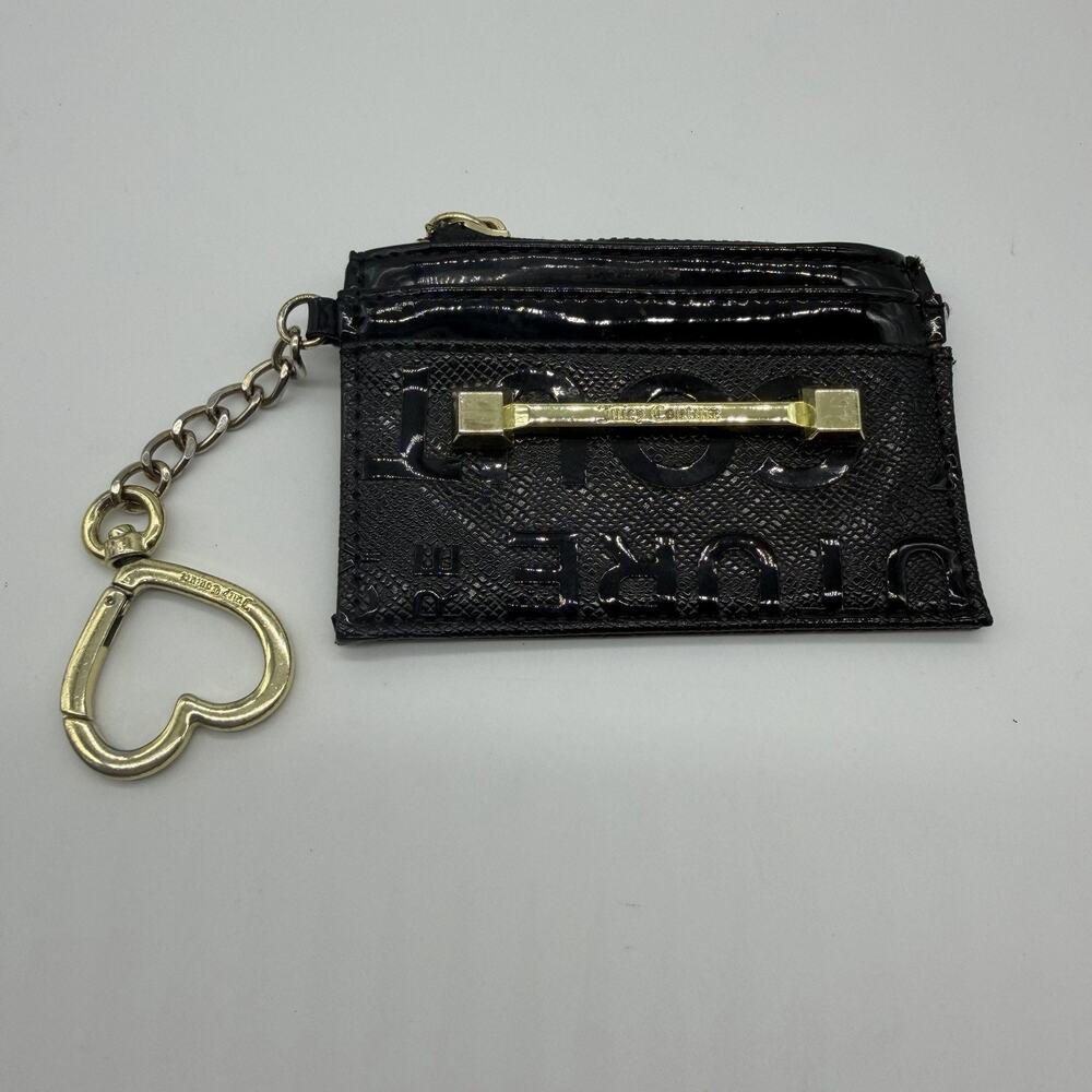 Juicy Couture Black Patent Card Case Wallet Gold Heart Keychain Y2K Logo